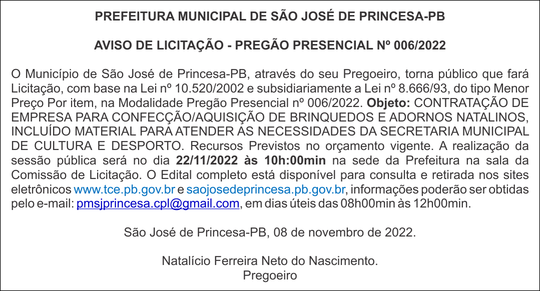 PREFEITURA MUNICIPAL DE SÃO JOSÉ DE PRINCESA-PB – AVISO DE LICITAÇÃO – PREGÃO PRESENCIAL Nº 006/2022