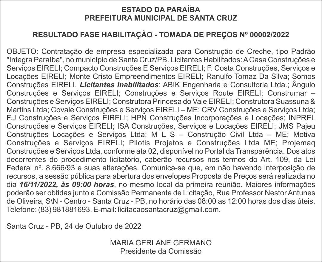 PREFEITURA MUNICIPAL DE SANTA CRUZ – RESULTADO FASE HABILITAÇÃO – TOMADA DE PREÇOS Nº 00002/2022