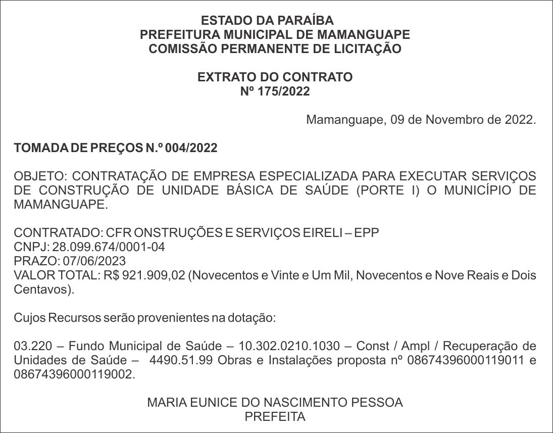 PREFEITURA MUNICIPAL DE MAMANGUAPE – EXTRATO DO CONTRATO  Nº 175/2022