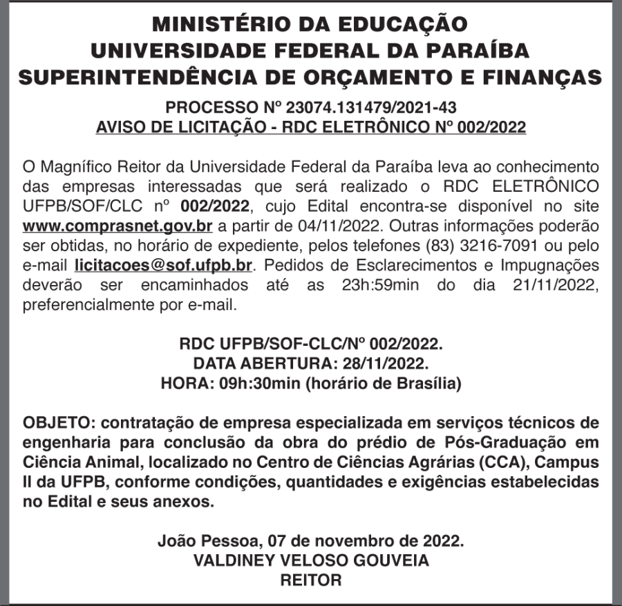 UNIVERSIDADE FEDERAL DA PARAÍBA – AVISO DE LICITAÇÃO – RDC ELETRÔNICO Nº 002/2022