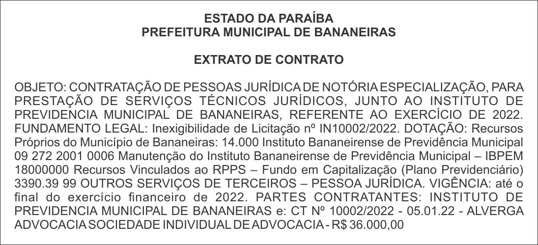 PREFEITURA MUNICIPAL DE BANANEIRAS – EXTRATO DE CONTRATO
