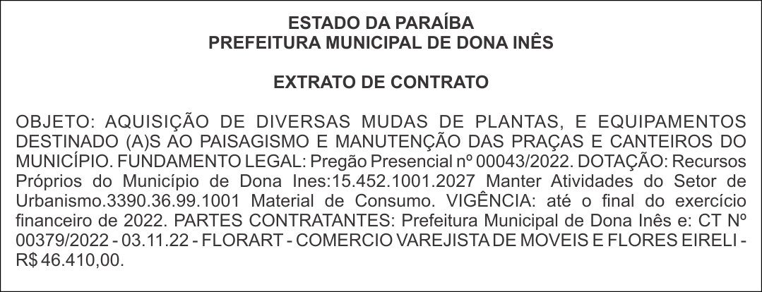 PREFEITURA MUNICIPAL DE DONA INÊS – EXTRATO DE CONTRATO