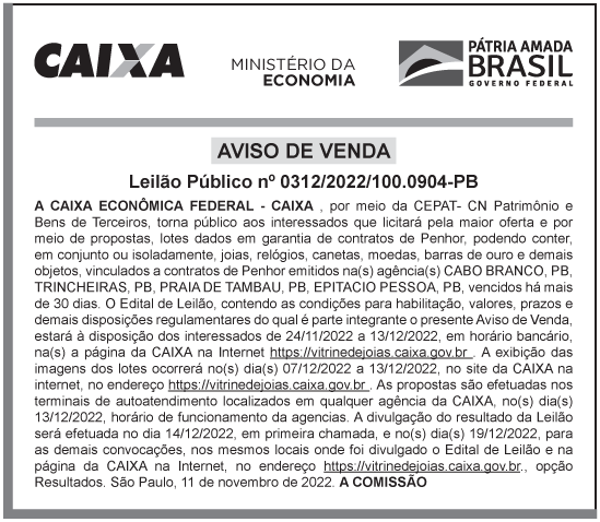 CAIXA ECONÔMICA FEDERAL – AVISO DE VENDA – Leilão Público nº 0312/2022/100.0904-PB