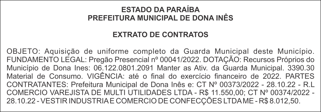 PREFEITURA MUNICIPAL DE DONA INÊS – EXTRATO DE CONTRATOS