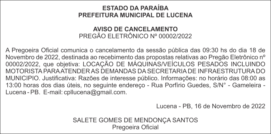 PREFEITURA MUNICIPAL DE LUCENA – AVISO DE CANCELAMENTO – PREGÃO ELETRÔNICO Nº 00002/2022