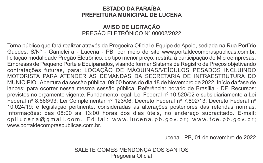 PREFEITURA MUNICIPAL DE LUCENA – AVISO DE LICITAÇÃO – PREGÃO ELETRÔNICO Nº 00002/2022