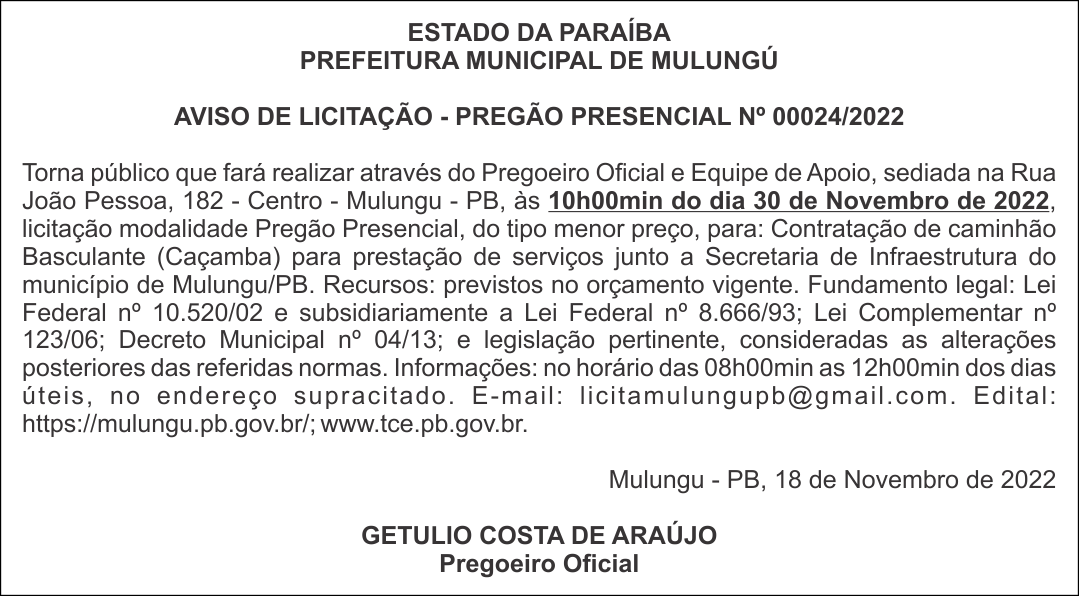 PREFEITURA MUNICIPAL DE MULUNGÚ – AVISO DE LICITAÇÃO – PREGÃO PRESENCIAL Nº 00024/2022