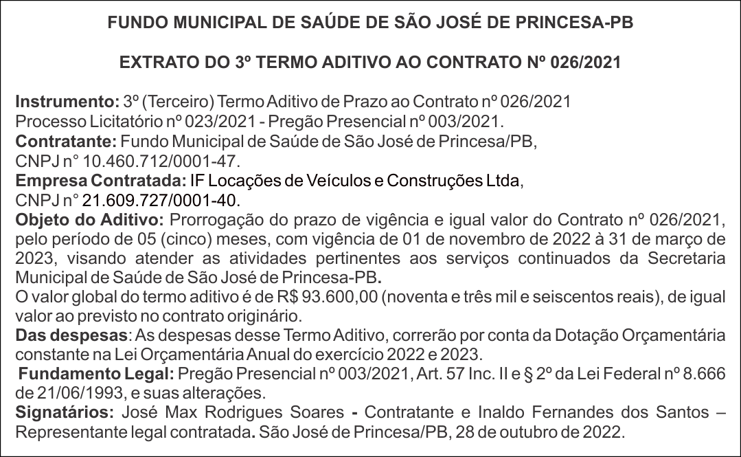 FUNDO MUNICIPAL DE SAÚDE DE SÃO JOSÉ DE PRINCESA-PB – EXTRATO DO 3º TERMO ADITIVO AO CONTRATO Nº 026/2021