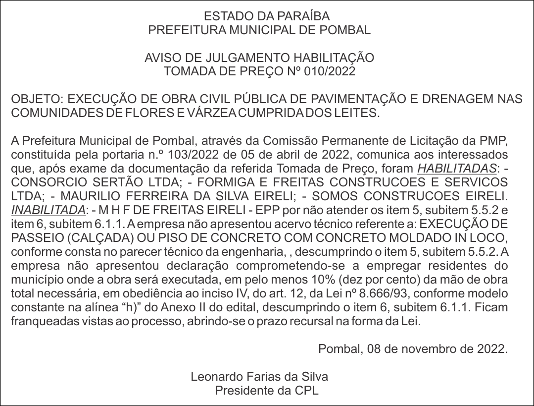 PREFEITURA MUNICIPAL DE POMBAL – AVISO DE JULGAMENTO HABILITAÇÃO – TOMADA DE PREÇO Nº 010/2022