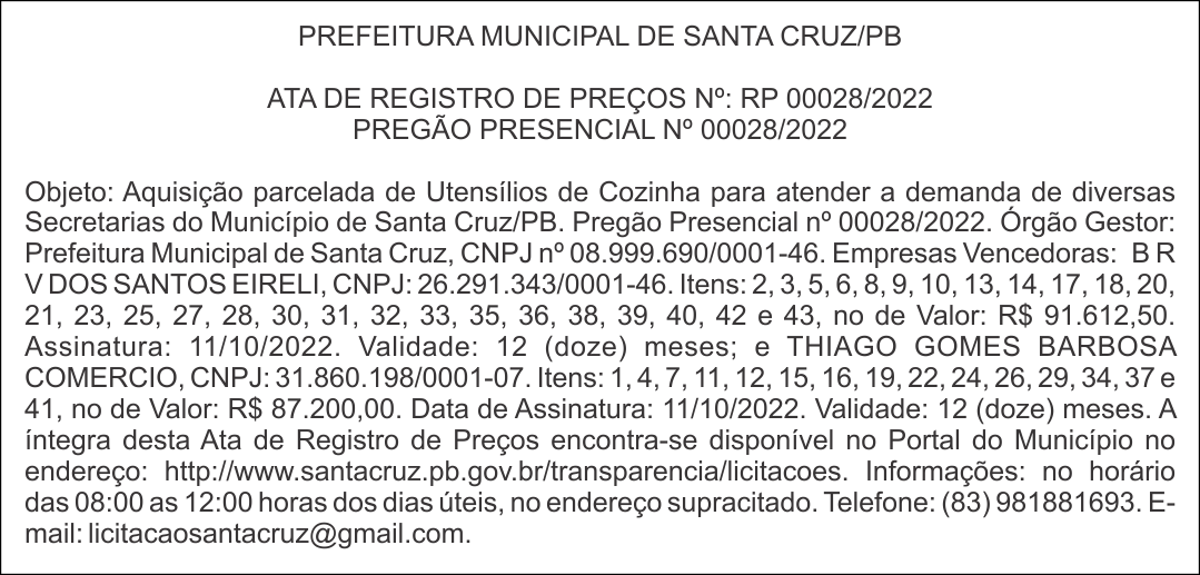 PREFEITURA MUNICIPAL DE SANTA CRUZ/PB – ATA DE REGISTRO DE PREÇOS Nº: RP 00028/2022 – PREGÃO PRESENCIAL Nº 00028/2022