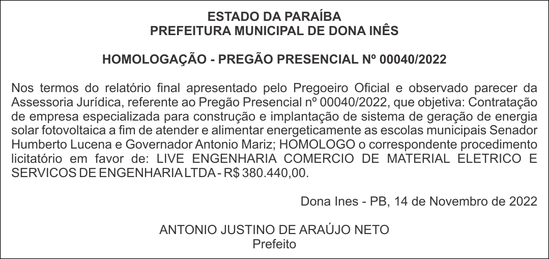 PREFEITURA MUNICIPAL DE DONA INÊS – HOMOLOGAÇÃO – PREGÃO PRESENCIAL Nº 00040/2022