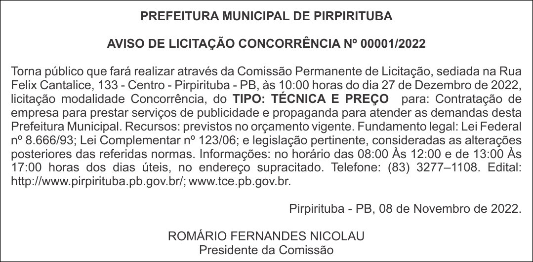 PREFEITURA MUNICIPAL DE PIRPIRITUBA – AVISO DE LICITAÇÃO – CONCORRÊNCIA Nº 00001/2022