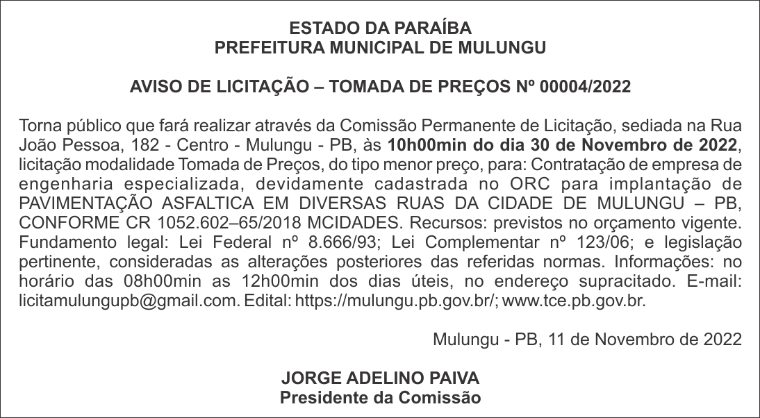 PREFEITURA MUNICIPAL DE MULUNGU – AVISO DE LICITAÇÃO – TOMADA DE PREÇOS Nº 00004/2022