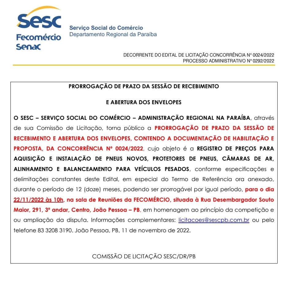 SESC-PB – CONCORRÊNCIA 024/022 – PRORROGAÇÃO DE PRAZO DA SESSÃO DE RECEBIMENTO E ABERTURA DOS ENVELOPES