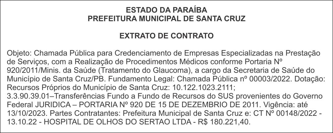PREFEITURA MUNICIPAL DE SANTA CRUZ – EXTRATO DE CONTRATO – CHAMADA PÚBLICA Nº 00003/2022