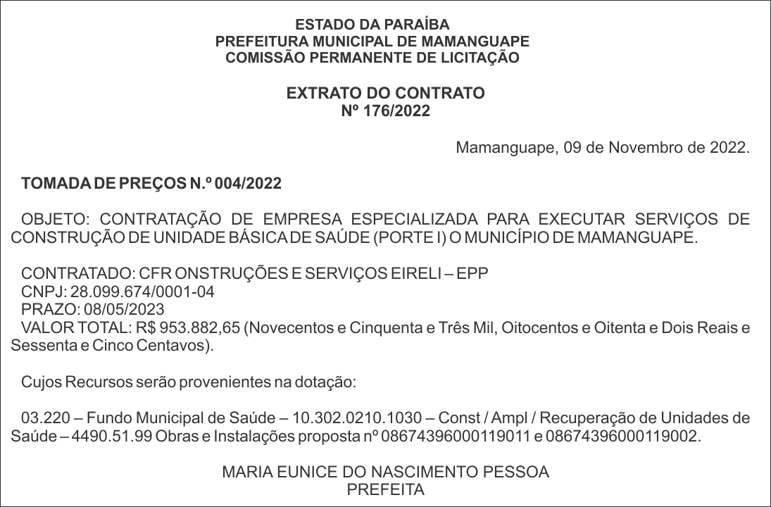 PREFEITURA MUNICIPAL DE MAMANGUAPE – EXTRATO DO CONTRATO Nº 176/2022