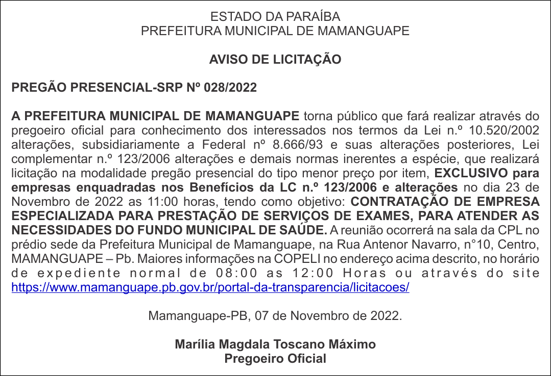 PREFEITURA MUNICIPAL DE MAMANGUAPE – AVISO DE LICITAÇÃO – PREGÃO PRESENCIAL-SRP Nº 028/2022