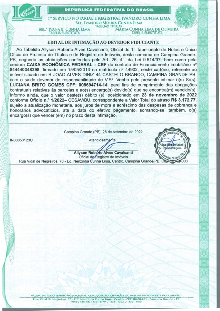 EDITAL DE INTIMAÇÃO AO DEVEDOR FIDUCIANTE