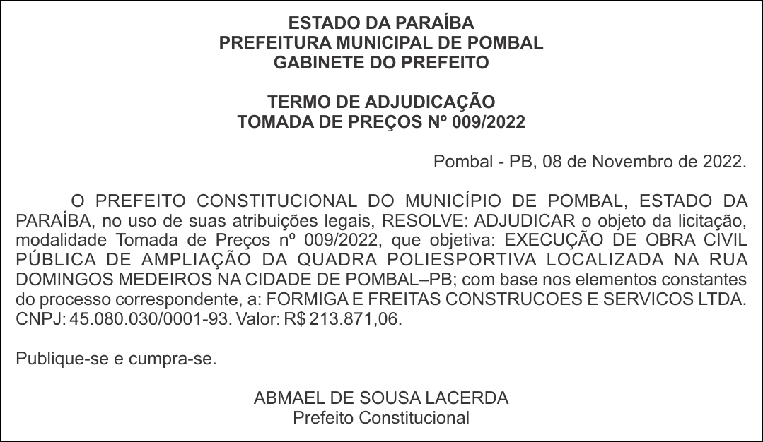 PREFEITURA MUNICIPAL DE POMBAL – TERMO DE ADJUDICAÇÃO – TOMADA DE PREÇOS Nº 009/2022