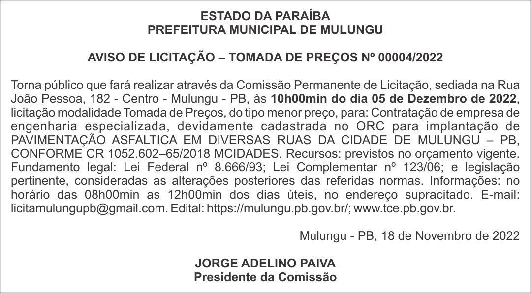 PREFEITURA MUNICIPAL DE MULUNGU – AVISO DE LICITAÇÃO – TOMADA DE PREÇOS Nº 00004/2022