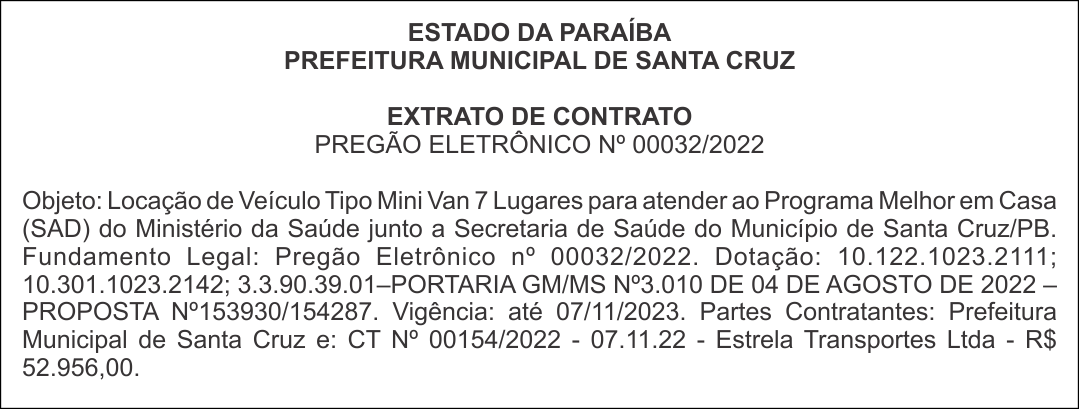 PREFEITURA MUNICIPAL DE SANTA CRUZ – EXTRATO DE CONTRATO – PREGÃO ELETRÔNICO Nº 00032/2022