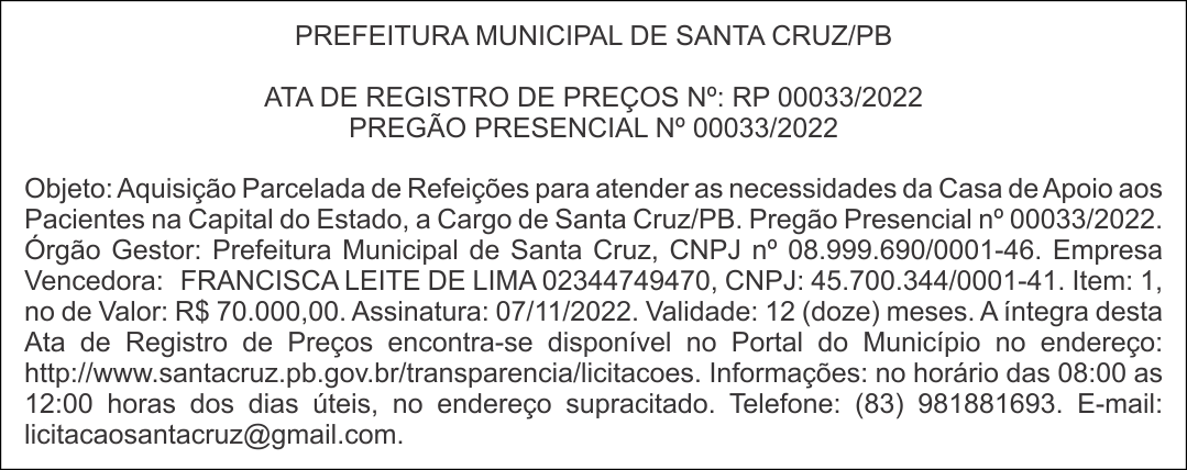 PREFEITURA MUNICIPAL DE SANTA CRUZ/PB – ATA DE REGISTRO DE PREÇOS Nº: RP 00033/2022 – PREGÃO PRESENCIAL Nº 00033/2022