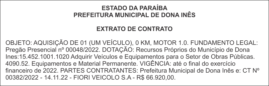 PREFEITURA MUNICIPAL DE DONA INÊS – EXTRATO DE CONTRATO