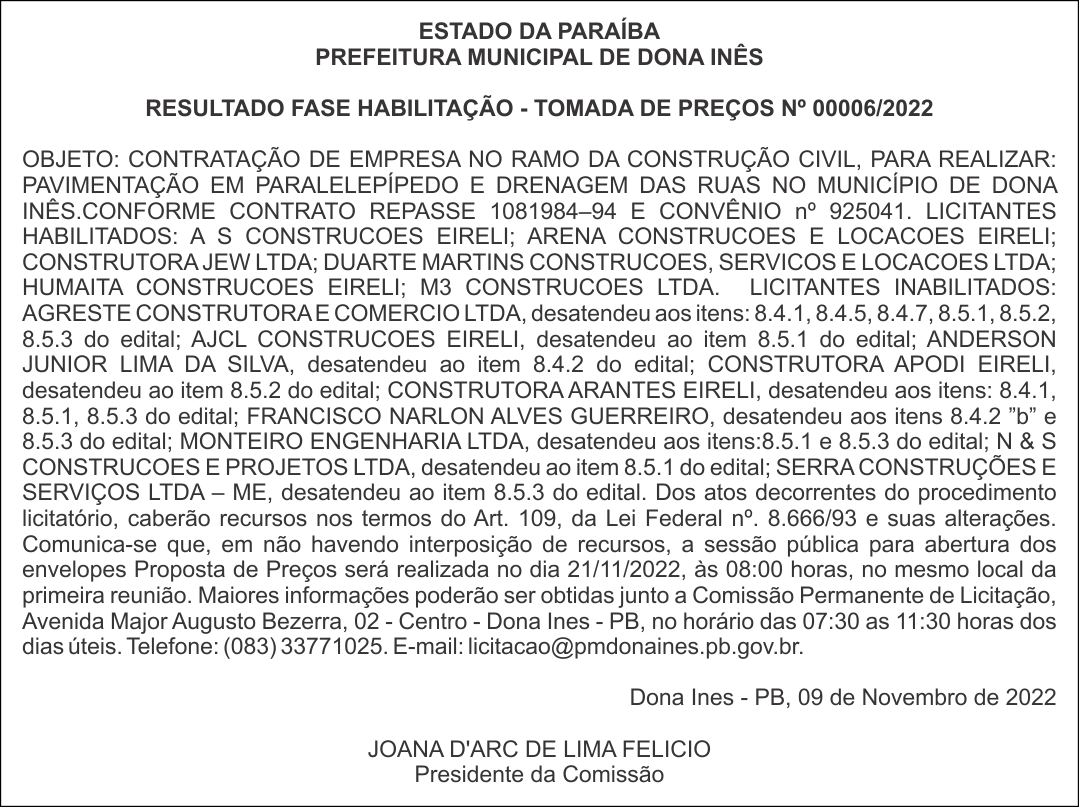 PREFEITURA MUNICIPAL DE DONA INÊS – RESULTADO FASE HABILITAÇÃO – TOMADA DE PREÇOS Nº 00006/2022