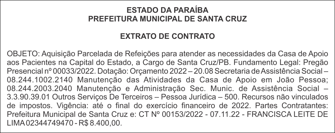 PREFEITURA MUNICIPAL DE SANTA CRUZ – EXTRATO DE CONTRATO