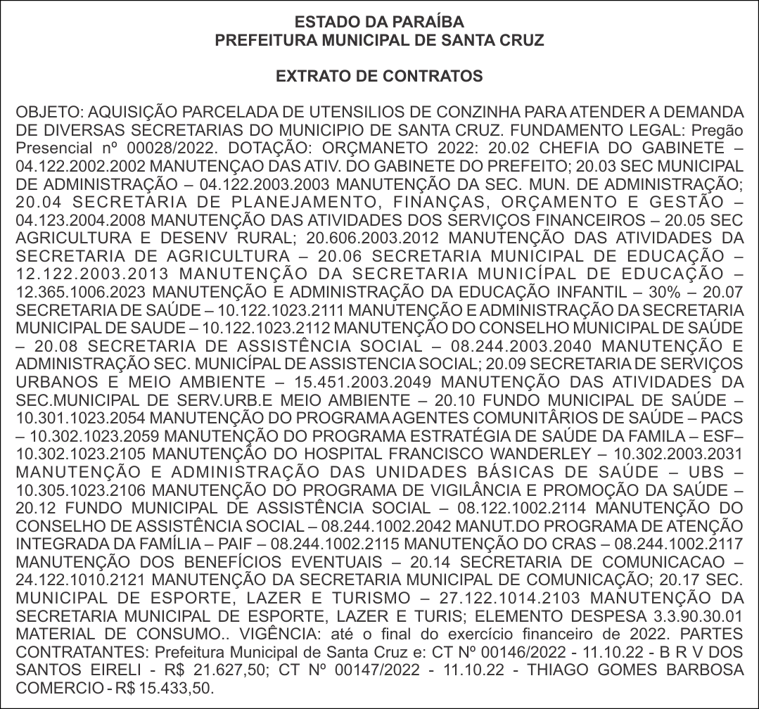 PREFEITURA MUNICIPAL DE SANTA CRUZ – EXTRATO DE CONTRATOS