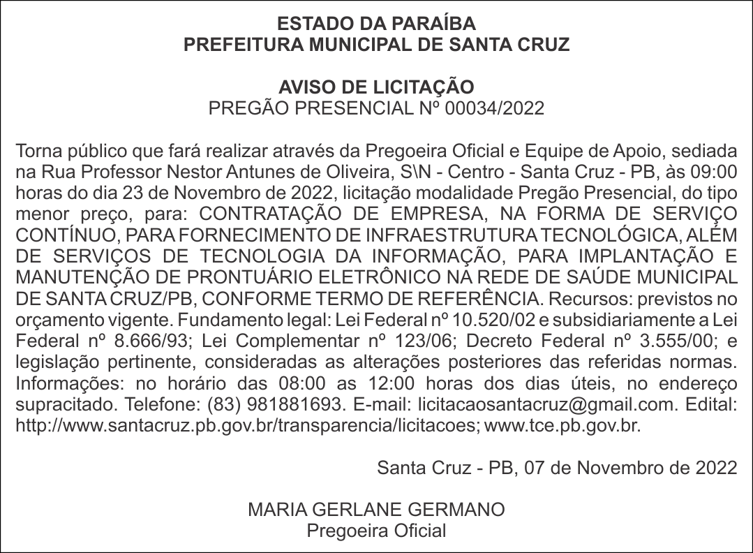PREFEITURA MUNICIPAL DE SANTA CRUZ – AVISO DE LICITAÇÃO – PREGÃO PRESENCIAL Nº 00034/2022
