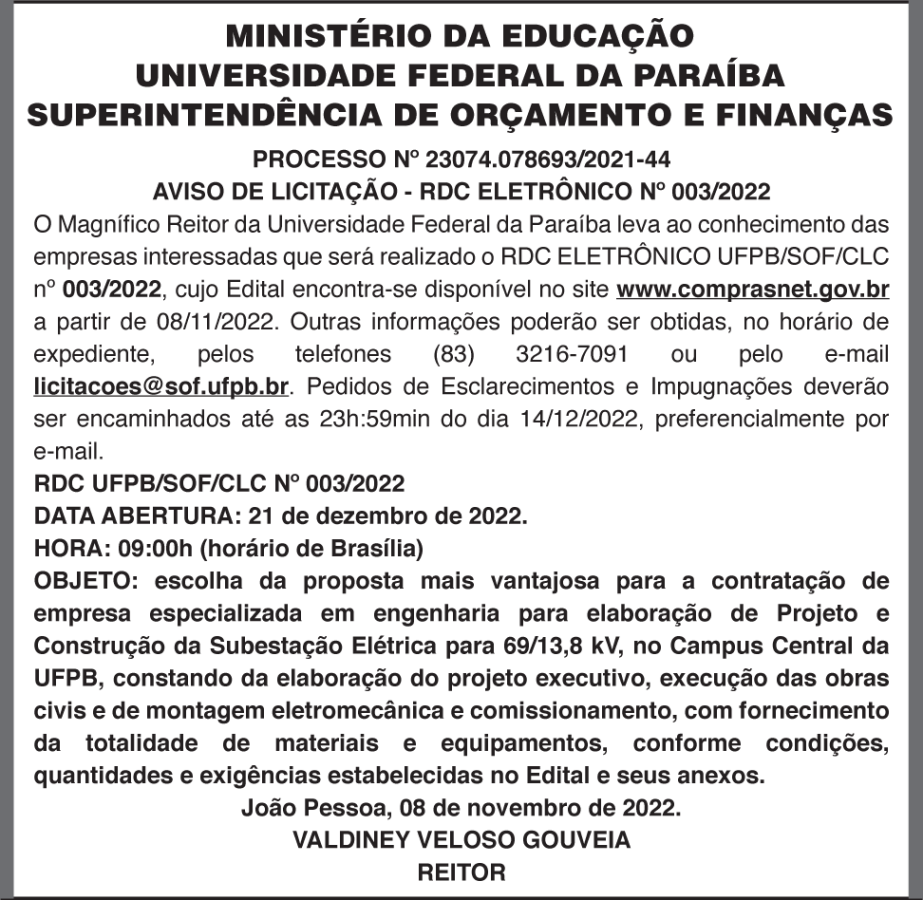 UNIVERSIDADE FEDERAL DA PARAÍBA – AVISO DE LICITAÇÃO – RDC ELETRÔNICO Nº 003/2022
