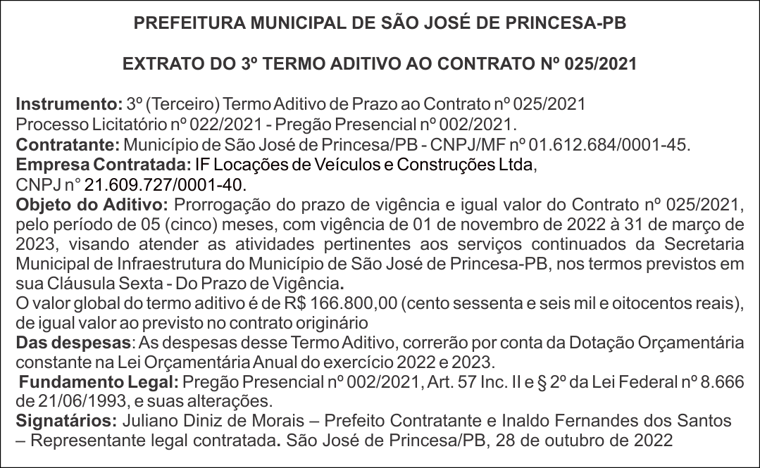PREFEITURA MUNICIPAL DE SÃO JOSÉ DE PRINCESA-PB – EXTRATO DO 3º TERMO ADITIVO AO CONTRATO Nº 025/2021