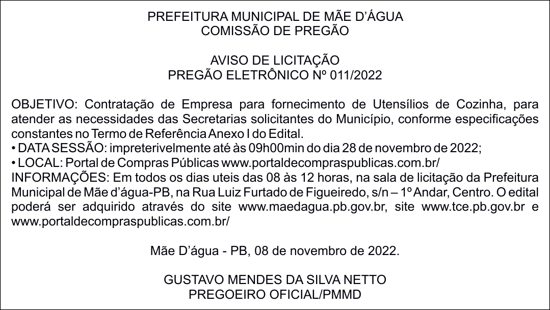 PREFEITURA MUNICIPAL DE MÃE D’ÁGUA – AVISO DE LICITAÇÃO – PREGÃO ELETRÔNICO Nº 011/2022