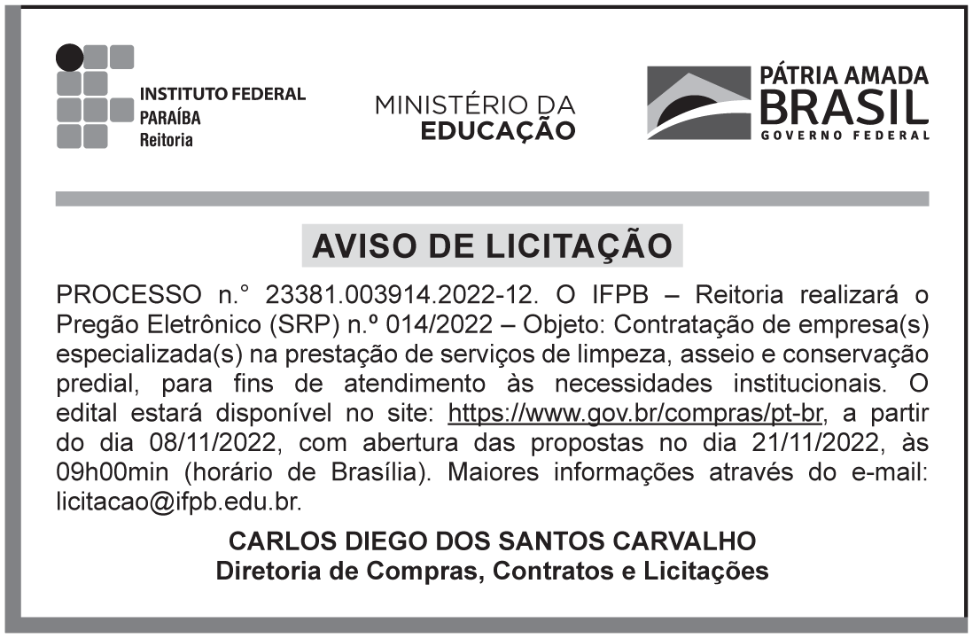 IFPB – JOÃO PESSOA – REITORIA – Pregão Eletrônico (SRP) n.º 014/2022