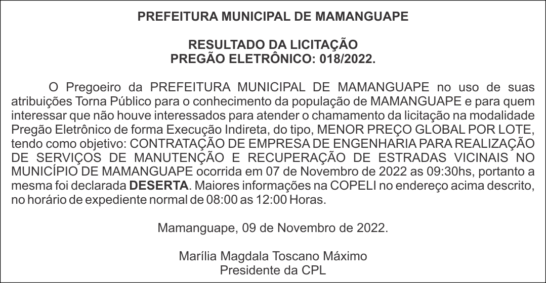 PREFEITURA MUNICIPAL DE MAMANGUAPE – RESULTADO DA LICITAÇÃO – PREGÃO ELETRÔNICO: 018/2022