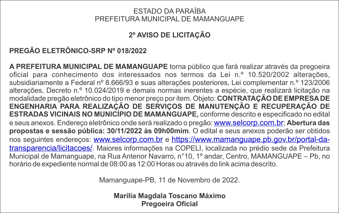 PREFEITURA MUNICIPAL DE MAMANGUAPE – 2º AVISO DE LICITAÇÃO – PREGÃO ELETRÔNICO-SRP Nº 018/2022