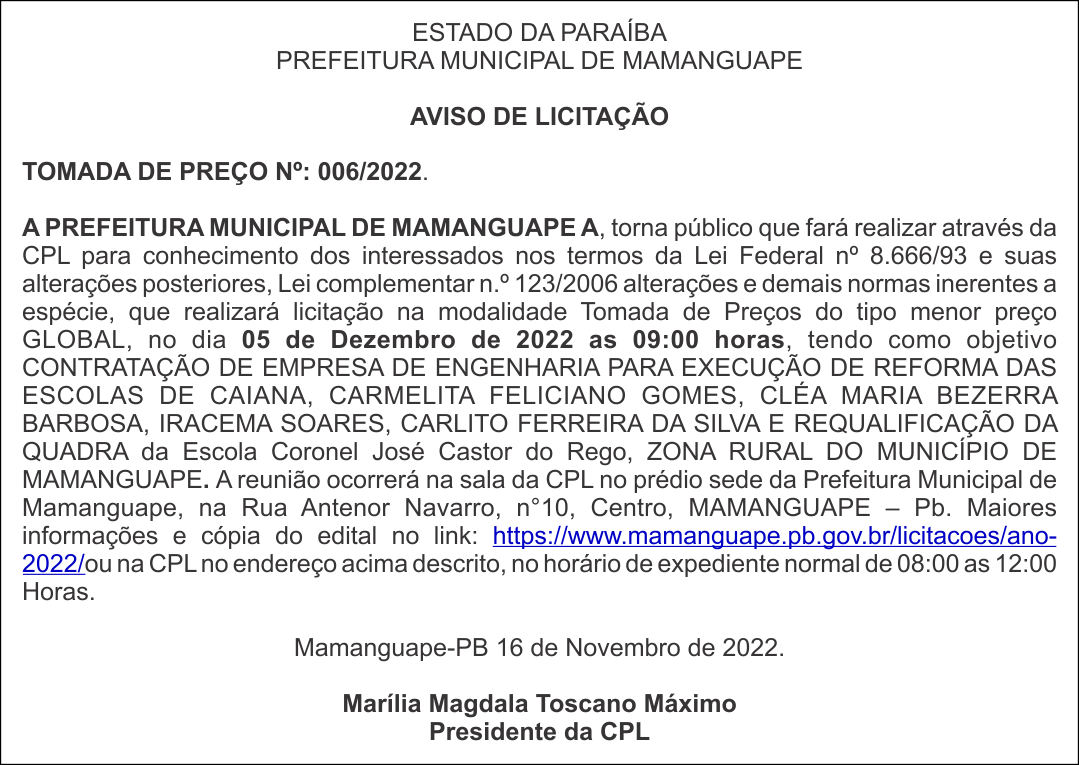 PREFEITURA MUNICIPAL DE MAMANGUAPE – AVISO DE LICITAÇÃO – TOMADA DE PREÇO Nº: 006/2022