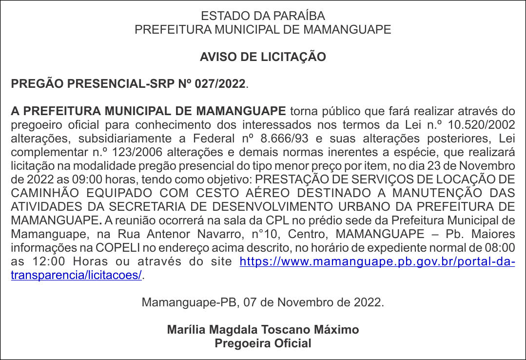 PREFEITURA MUNICIPAL DE MAMANGUAPE – AVISO DE LICITAÇÃO – PREGÃO PRESENCIAL-SRP Nº 027/2022