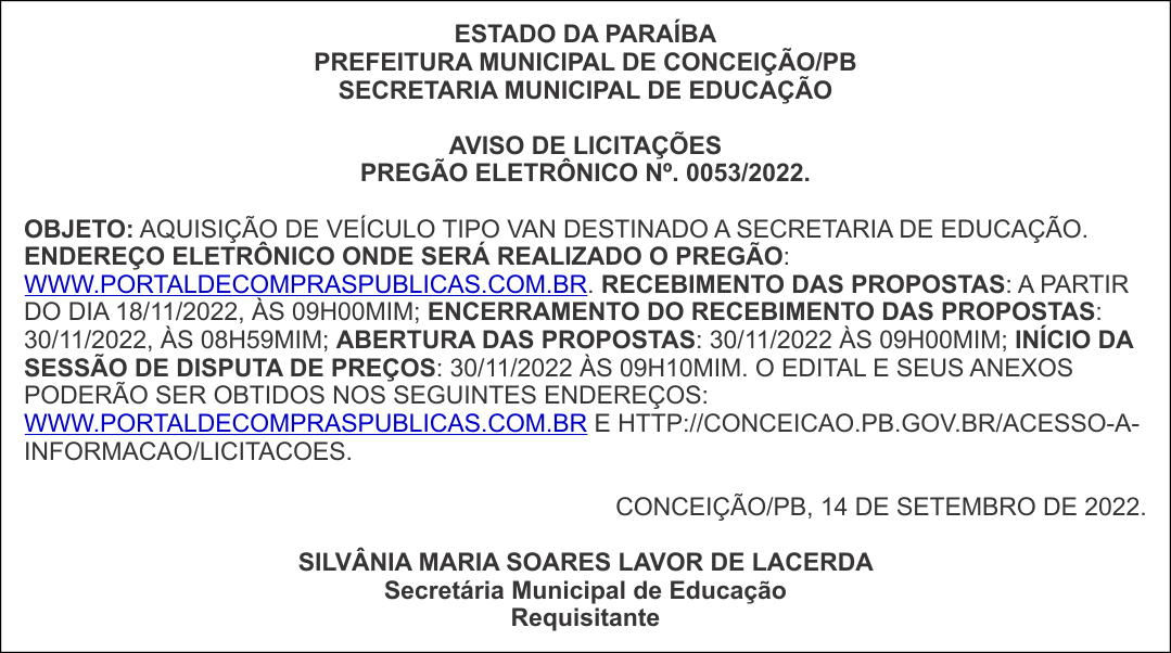 PREFEITURA MUNICIPAL DE CONCEIÇÃO/PB – AVISO DE LICITAÇÕES – PREGÃO ELETRÔNICO Nº. 0053/2022
