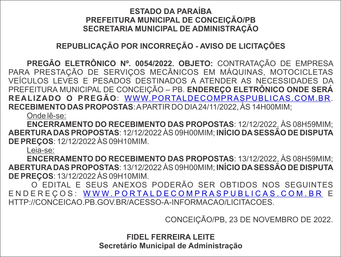 PREFEITURA MUNICIPAL DE CONCEIÇÃO/PB – REPUBLICAÇÃO POR INCORREÇÃO – AVISO DE LICITAÇÕES – PREGÃO ELETRÔNICO Nº. 0054/2022