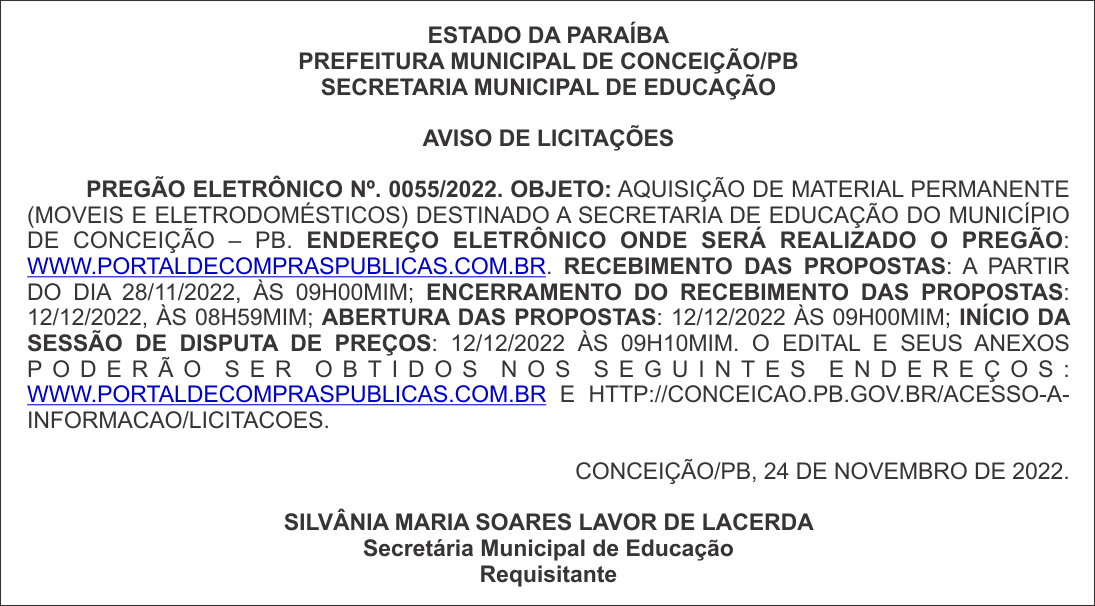 PREFEITURA MUNICIPAL DE CONCEIÇÃO/PB – AVISO DE LICITAÇÕES – PREGÃO ELETRÔNICO Nº. 0055/2022