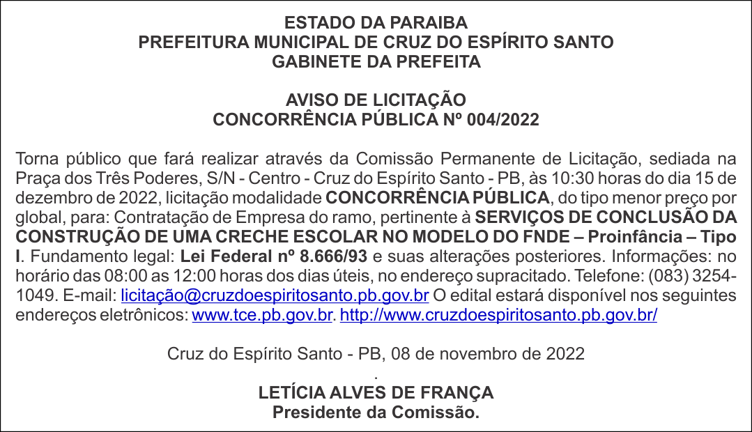 PREFEITURA MUNICIPAL DE CRUZ DO ESPÍRITO SANTO – AVISO DE LICITAÇÃO – CONCORRÊNCIA PÚBLICA Nº 004/2022
