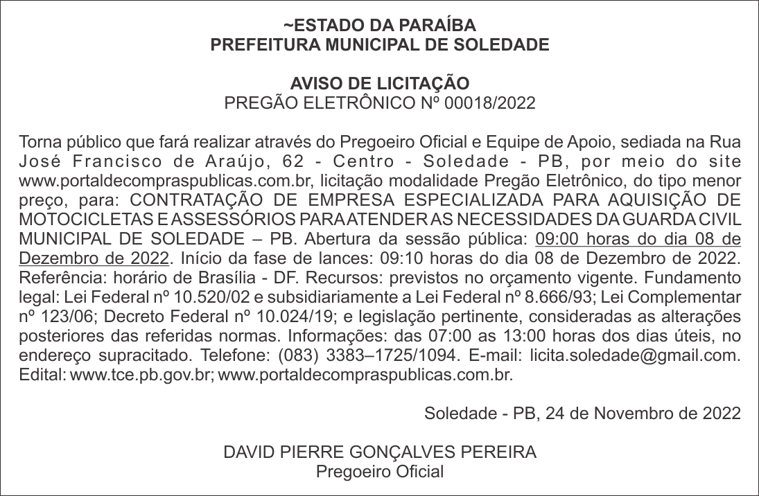PREFEITURA MUNICIPAL DE SOLEDADE – AVISO DE LICITAÇÃO – PREGÃO ELETRÔNICO Nº 00018/2022