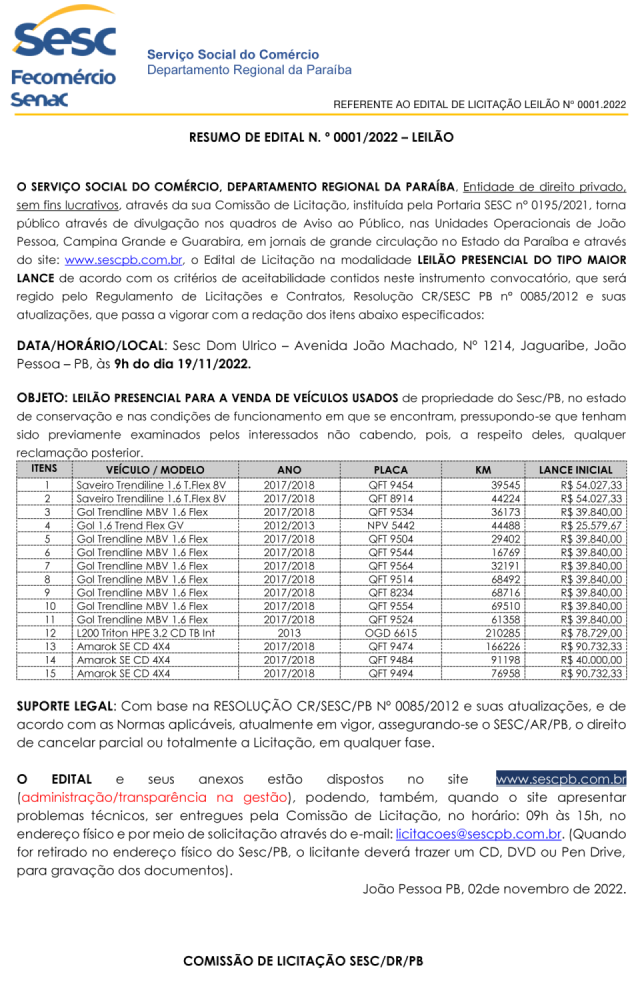 SESC – RESUMO DE EDITAL N. º 0001 / 2022 – LEILÃO