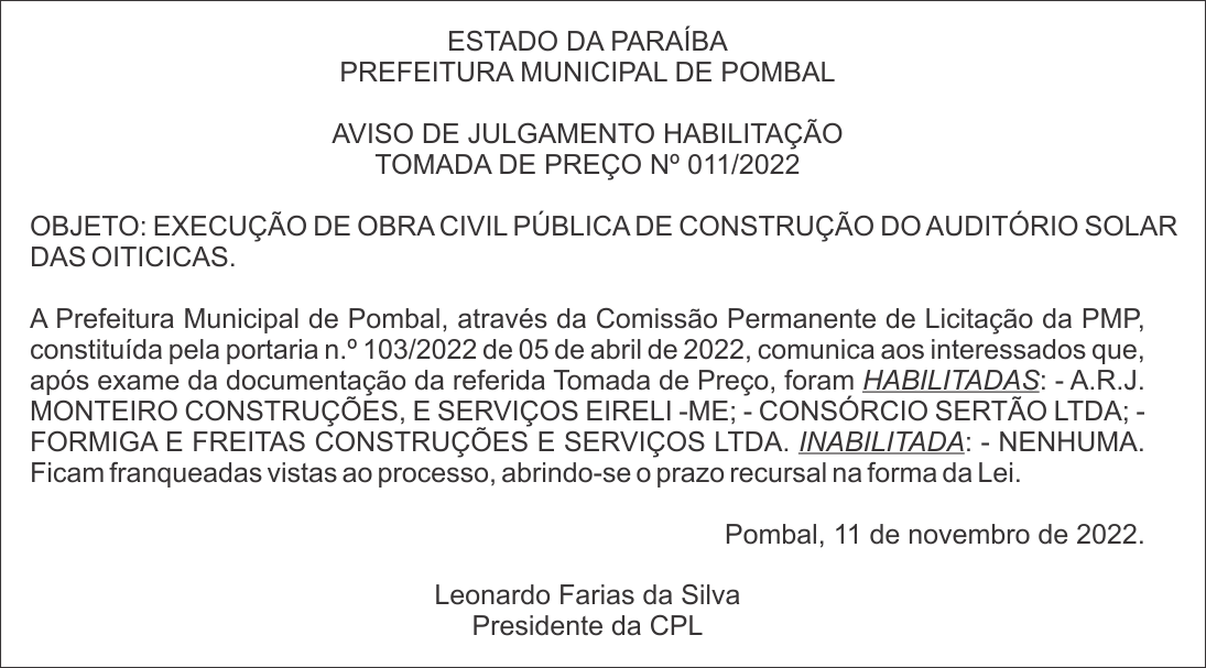 PREFEITURA MUNICIPAL DE POMBAL – AVISO DE JULGAMENTO HABILITAÇÃO – TOMADA DE PREÇO Nº 011/2022