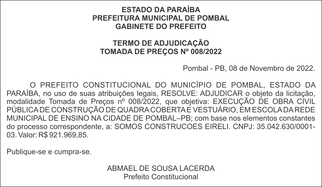 PREFEITURA MUNICIPAL DE POMBAL – TERMO DE ADJUDICAÇÃO – TOMADA DE PREÇOS Nº 008/2022
