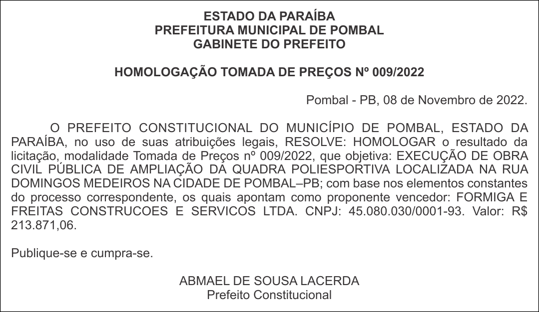 PREFEITURA MUNICIPAL DE POMBAL – HOMOLOGAÇÃO – TOMADA DE PREÇOS Nº 009/2022