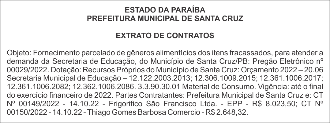 PREFEITURA MUNICIPAL DE SANTA CRUZ – EXTRATO DE CONTRATOS