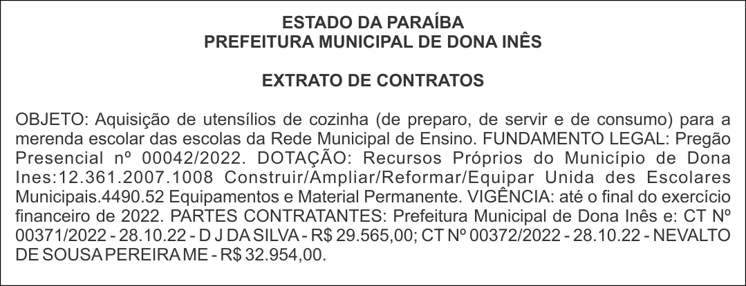 PREFEITURA MUNICIPAL DE DONA INÊS – EXTRATO DE CONTRATOS